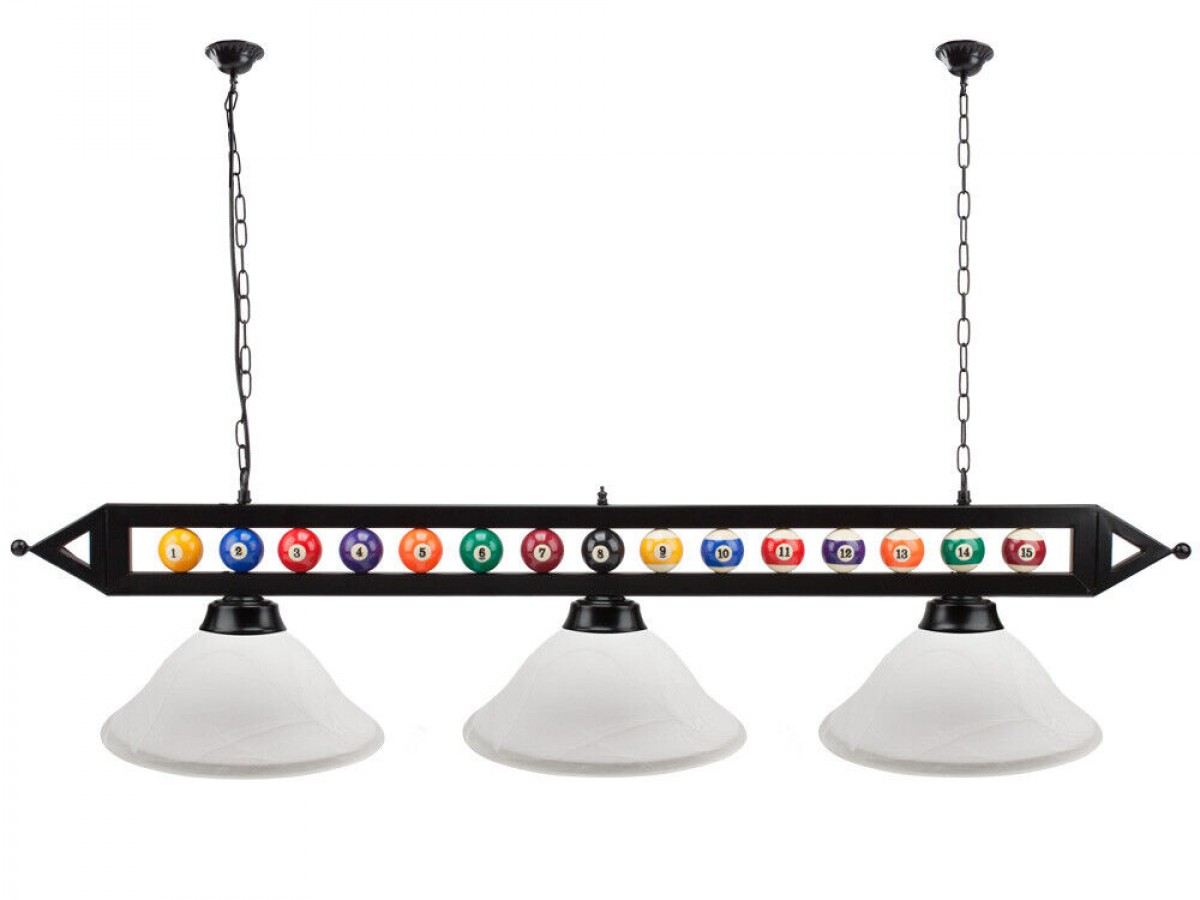 Lampara colgante de 149 cm decorada con ruedo de pool para mesa de billar con 3 sombras de vidrio blanco